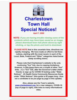 Charlestown Town Hall Special Notices! April 7, 2020