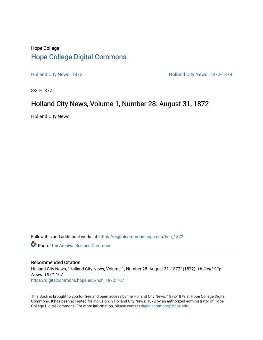 Holland City News, Volume 1, Number 28: August 31, 1872