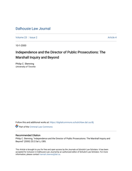 Independence and the Director of Public Prosecutions: the Marshall Inquiry and Beyond
