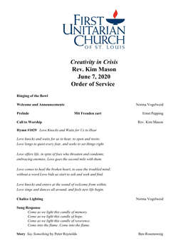 Creativity in Crisis Rev. Kim Mason June 7, 2020 Order of Service