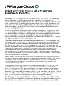 Circuit City to Sell Private-Label Credit Card Operation to Bank One