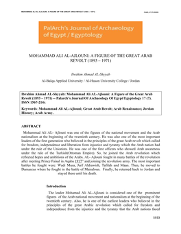 Mohammad Ali Al-Ajlouni: a Figure of the Great Arab Revolt (1893 – 1971) Pjaee, 17 (7) (2020)