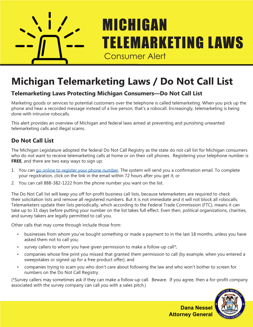 MICHIGAN TELEMARKETING LAWS Consumer Alert