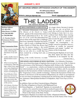 The Ladder the SUNDAY BEFORE the THEOPHANY Mailing Address: HOLY BAPTISM IS a LIFE-STYLE of a Tragic Choice, Because It Means That That We Are Not of God