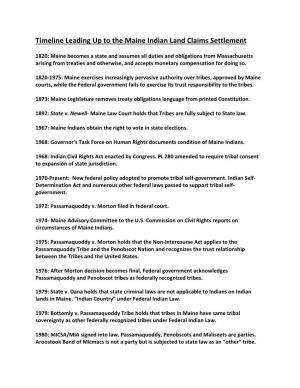 Timeline Leading up to the Maine Indian Land Claims Settlement