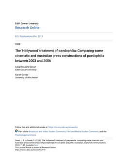 'Hollywood' Treatment of Paedophilia: Comparing Some Cinematic and Australian Press Constructions of Paedophilia Between 2003 and 2006