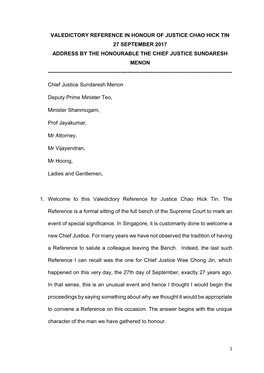 Valedictory Reference in Honour of Justice Chao Hick Tin 27 September 2017 Address by the Honourable the Chief Justice Sundaresh Menon