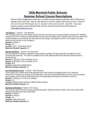 2020 Marshall Public Schools Summer School Course Descriptions