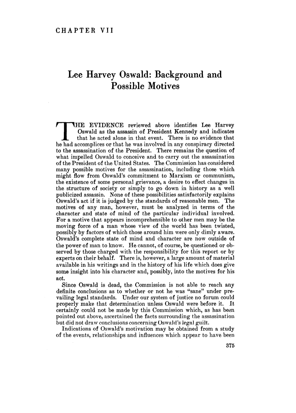 Chapter VII. Lee Harvey Oswald: Background and Possible Motives