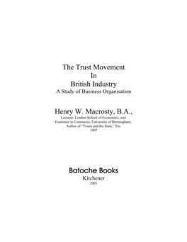 The Trust Movement in British Industry a Study of Business Organisation