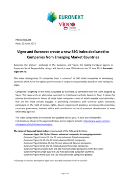Vigeo and Euronext Create a New ESG Index Dedicated to Companies from Emerging Market Countries