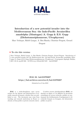 Introduction of a New Potential Invader Into the Mediterranean Sea: the Indo-Pacific Avrainvillea Amadelpha (Montagne) A. Gepp & ES Gepp (Dichotomosiphonaceae, Ulvophyceae)