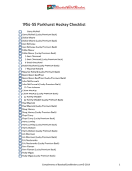 1954-55 Parkhurst Hockey Checklist