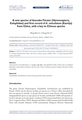 Hymenoptera, Eulophidae) and First Record of A