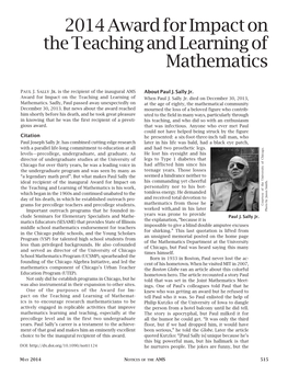 2014 Award for Impact on the Teaching and Learning of Mathematics