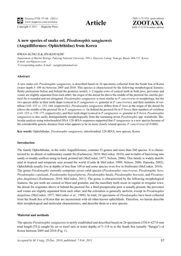 A New Species of Snake Eel, Pisodonophis Sangjuensis (Anguilliformes: Ophichthidae) from Korea