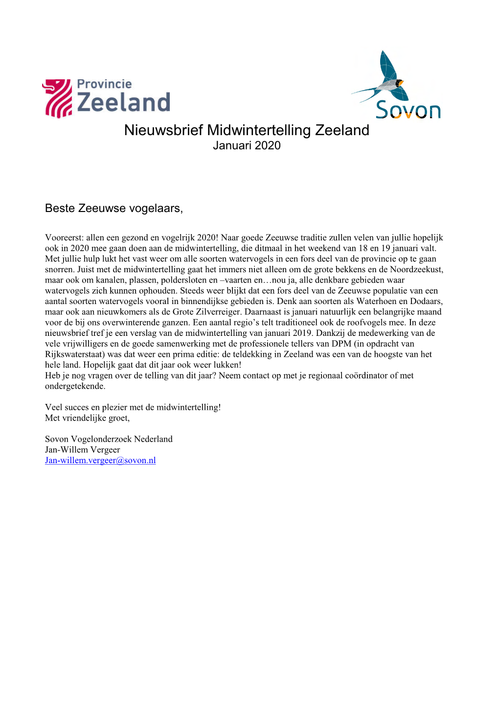 Nieuwsbrief Midwintertelling Zeeland Januari 2020