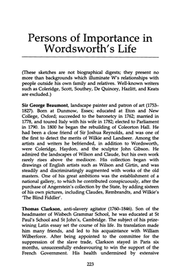 Persons of Importance in Wordsworth's Life