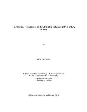 Translation, Reputation, and Authorship in Eighteenth-Century Britain