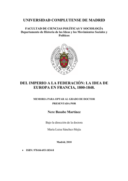 Del Imperio a La Federación: La Idea De Europa En Francia, 1800-1848