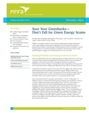 FINRA Investor Alert: Save Your Greenbacks—Don't Fall for Green Energy Scams
