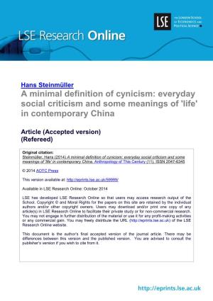 A Minimal Definition of Cynicism: Everyday Social Criticism and Some Meanings of 'Life' in Contemporary China