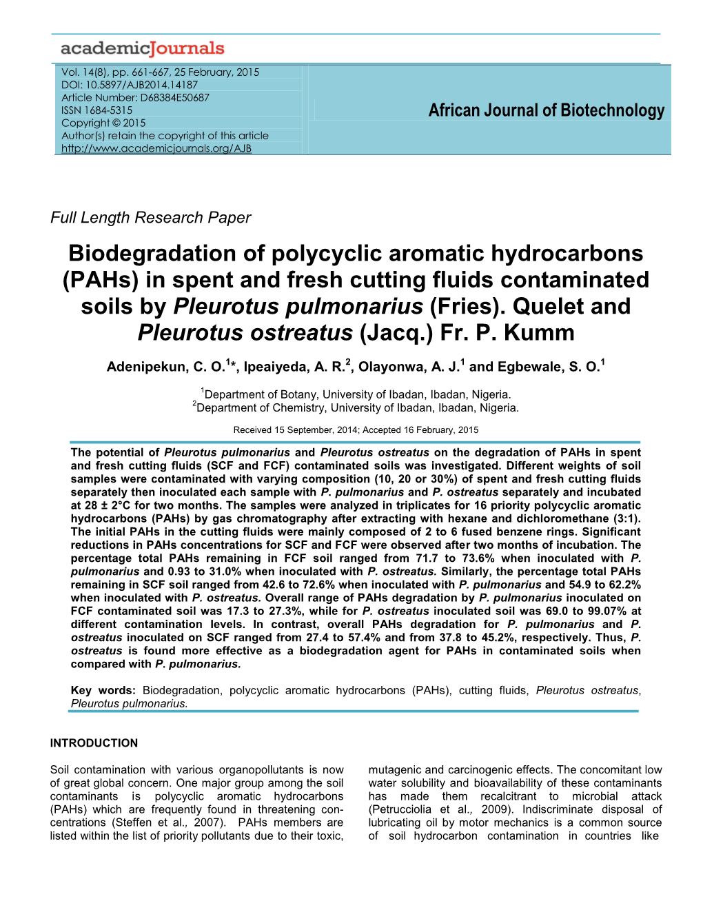 Biodegradation Of Polycyclic Aromatic Hydrocarbons (Pahs) In Spent And ...