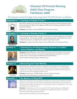 Chestnut Hill Friends Meeting Adult Class Program Fall/Winter 2020