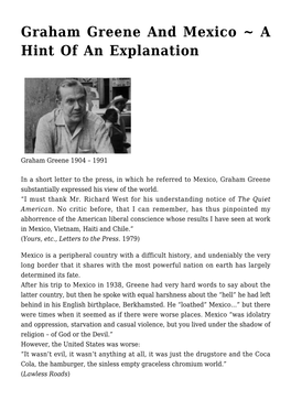 Graham Greene and Mexico ~ a Hint of an Explanation