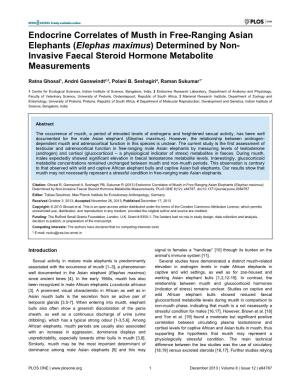 Endocrine Correlates of Musth in Free-Ranging Asian Elephants (Elephas Maximus) Determined by Non- Invasive Faecal Steroid Hormone Metabolite Measurements