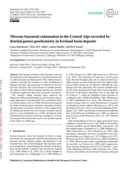 Miocene Basement Exhumation in the Central Alps Recorded by Detrital Garnet Geochemistry in Foreland Basin Deposits