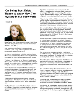 'On Being' Host Krista Tippett to Speak Nov. 7 on Mystery in Our Busy World