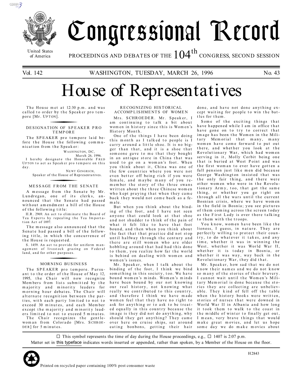 Congressional Record United States Th of America PROCEEDINGS and DEBATES of the 104 CONGRESS, SECOND SESSION