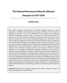 The National Movement Within the Albanian Diaspora in 1919-1920