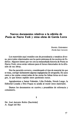 Nuevos Documentos Relativos a La Edición De Poeta En Nueva York Y Otras Obras De García Lorca