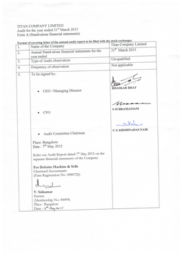 TITAN COMPANY LIMITED Audit for the Year Ended 31'' March 2015 Form a (Stand-Alone Financial Statements)
