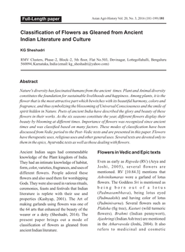 Classification of Flowers As Gleaned from Ancient Indian Literature and Culture