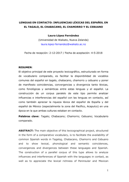 1 LENGUAS EN CONTACTO: INFLUENCIAS LÉXICAS DEL ESPAÑOL EN EL TAGALO, EL CHABACANO, EL CHAMORRO Y EL CEBUANO Laura López Fern