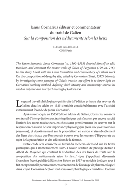 Janus Cornarius Éditeur Et Commentateur Du Traité De Galien Sur La Composition Des Médicaments Selon Les Lieux
