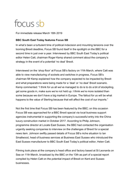 For Immediate Release March 18Th 2019 BBC South East