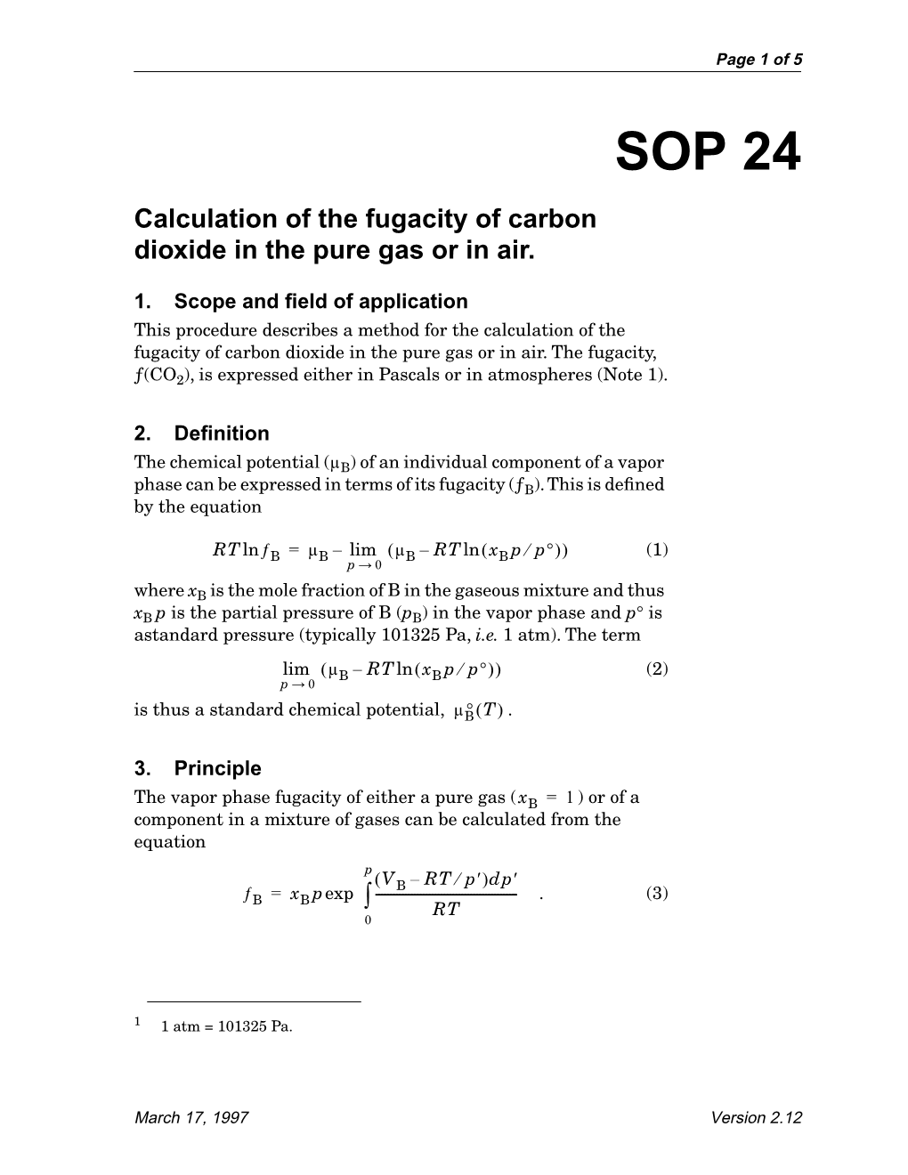 SOP 24 Calculation of the Fugacity of Carbon Dioxide in the Pure Gas Or in Air