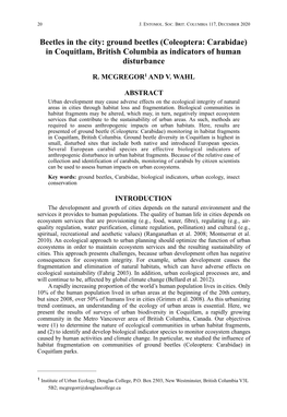 Ground Beetles (Coleoptera: Carabidae) in Coquitlam, British Columbia As Indicators of Human Disturbance