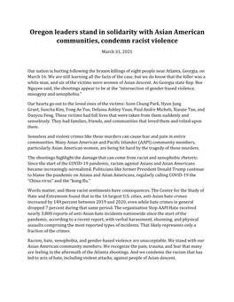 Download PDF File Oregon Leaders Stand in Solidarity with Asian American Communities, Condemn Racist Violence