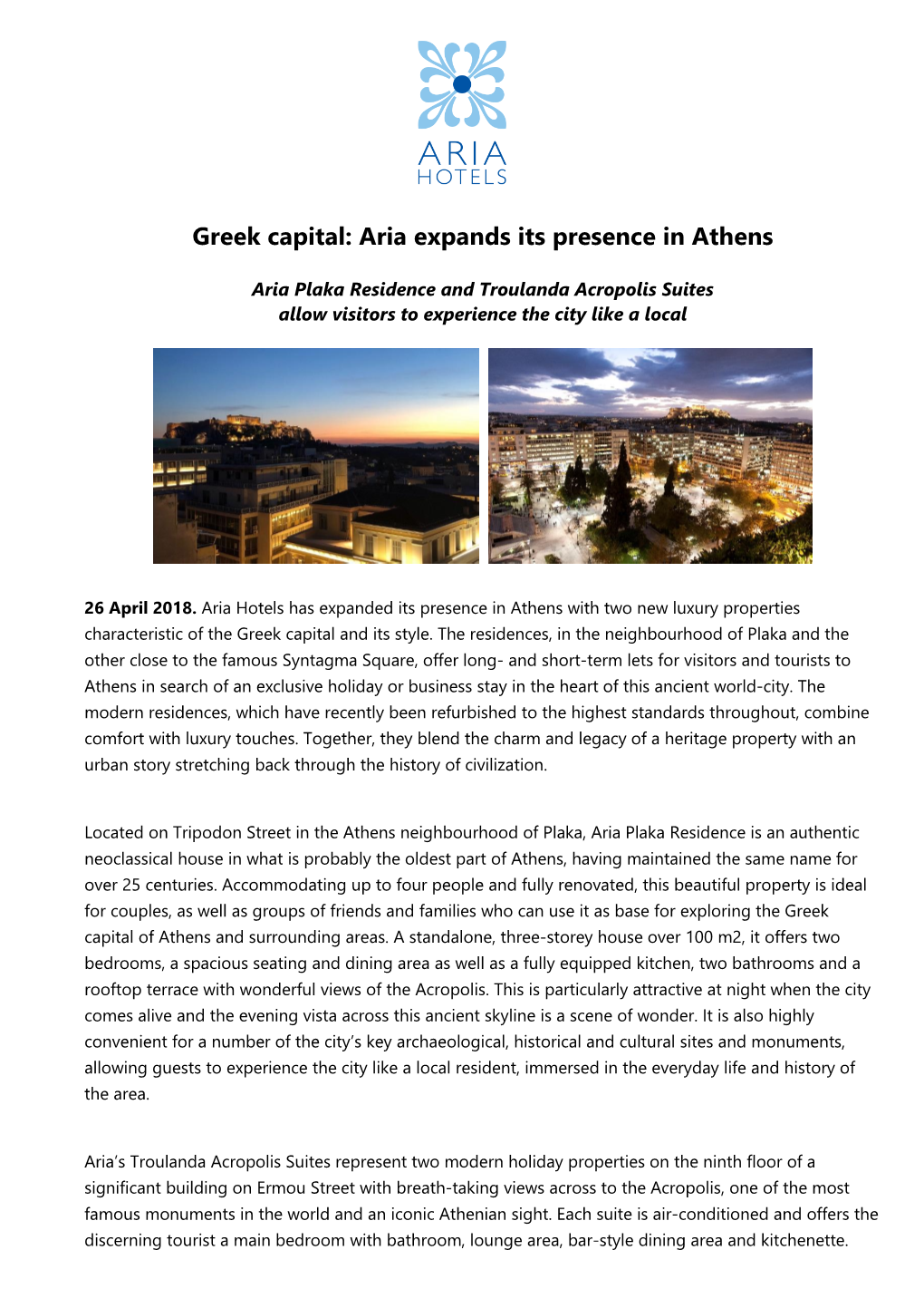 Greek Capital: Aria Expands Its Presence in Athens