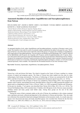 Annotated Checklist of Eels (Orders Anguilliformes and Saccopharyngiformes) from Taiwan