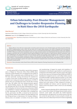 Urban Informality, Post-Disaster Management, and Challenges to Gender-Responsive Planning in Haiti Since the 2010 Earthquake