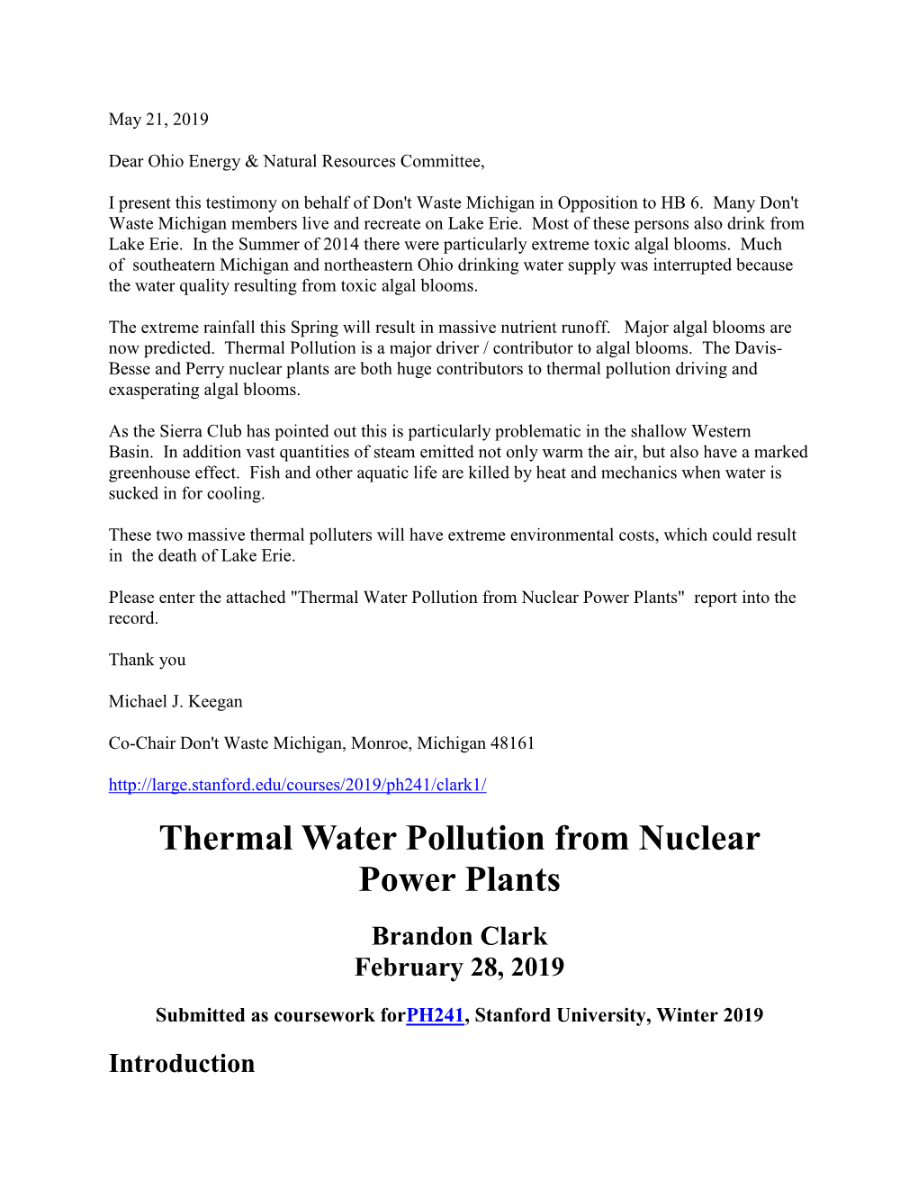 Thermal Water Pollution from Nuclear Power Plants" Report Into the Record