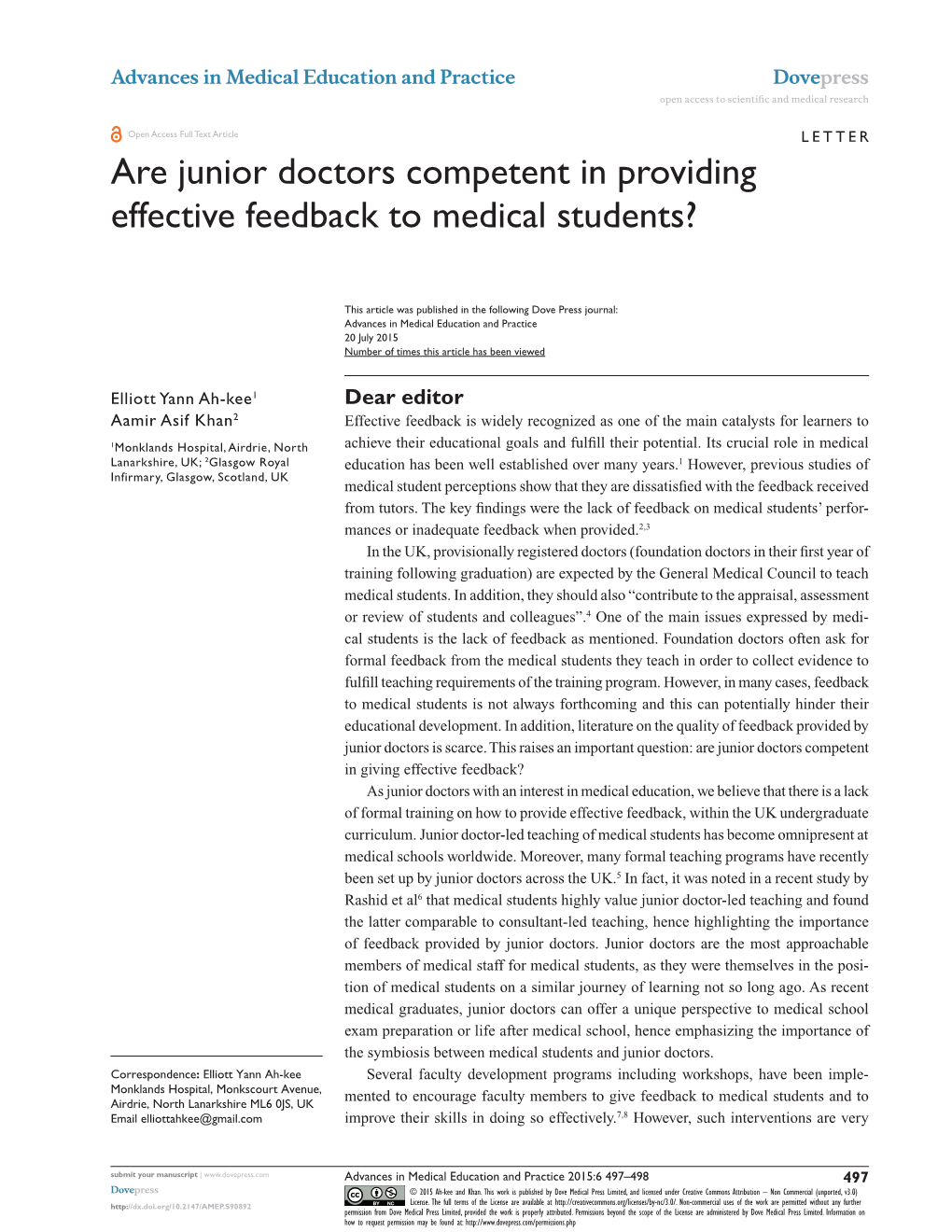 Are Junior Doctors Competent in Providing Effective Feedback to Medical Students?