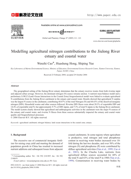 Modelling Agricultural Nitrogen Contributions to the Jiulong River Estuary and Coastal Water