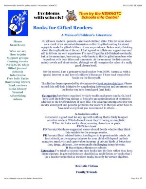 Recommended Books for Gifted Readers - Resources - NSWAGTC 09/27/2007 08:36 AM